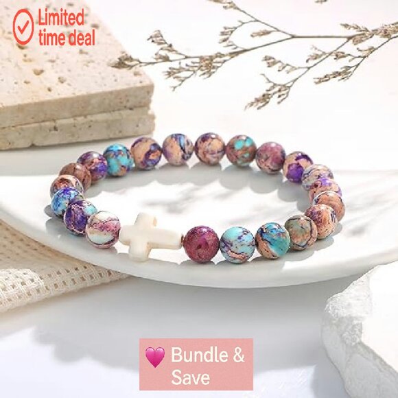 Christian Cross Bracelet Adjustable Stone Beads Faith Jewelry Gift - Picture 5 of 7